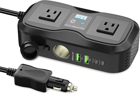 150W HENVERTER 6 في 1 DC 12V إلى 110 فولت AC العاكس مع 60 واط مزدوج USB-C وشاحن USB-Fast و 2 منافذ AC ، منفذ محول السيارة لجهاز الكمبيوتر المحمول/الهاتف/GPS | تصميم حامل الكأس للسفر in Kuwait