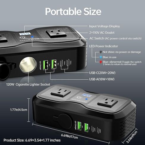 150W HENVERTER 6 في 1 DC 12V إلى 110 فولت AC العاكس مع 60 واط مزدوج USB-C وشاحن USB-Fast و 2 منافذ AC ، منفذ محول السيارة لجهاز الكمبيوتر المحمول/الهاتف/GPS | تصميم حامل الكأس للسفر in Kuwait