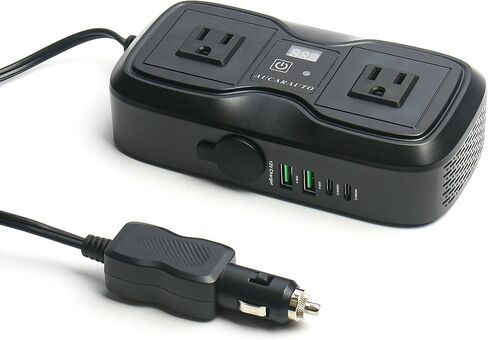 150W HENVERTER 6 في 1 DC 12V إلى 110 فولت AC العاكس مع 60 واط مزدوج USB-C وشاحن USB-Fast و 2 منافذ AC ، منفذ محول السيارة لجهاز الكمبيوتر المحمول/الهاتف/GPS | تصميم حامل الكأس للسفر in Kuwait