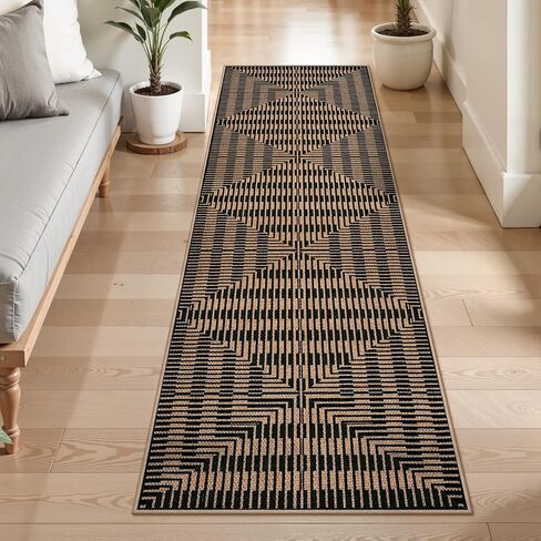 LIVEBOX Washable Jute Look Indoor Outdoor Area Rug 3x5, Non Slip Entryway Front Door Porch Rugs, Boho Geometric Diamond Striped Carpet Mat for Entrance,Office,Kitchen (3'x5', Black) in Saudi Arabia