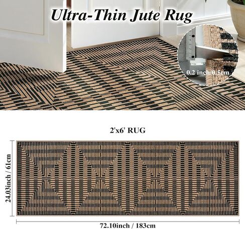 LIVEBOX Washable Jute Look Indoor Outdoor Area Rug 3x5, Non Slip Entryway Front Door Porch Rugs, Boho Geometric Diamond Striped Carpet Mat for Entrance,Office,Kitchen (3'x5', Black) in Saudi Arabia