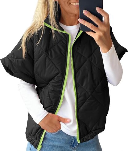 Tankaneo Womens Quilted Puffer Vests Lightweight Cap Sleeve Zip Up Cropped Vests Stand Collar Loose Fit Outerwear in Saudi Arabia