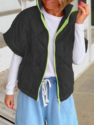 Tankaneo Womens Quilted Puffer Vests Lightweight Cap Sleeve Zip Up Cropped Vests Stand Collar Loose Fit Outerwear in Saudi Arabia