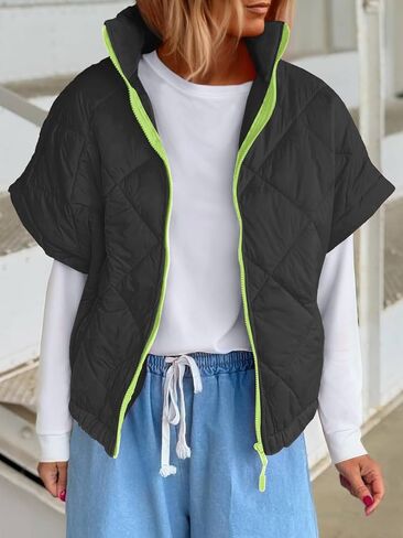 Tankaneo Womens Quilted Puffer Vests Lightweight Cap Sleeve Zip Up Cropped Vests Stand Collar Loose Fit Outerwear in Saudi Arabia