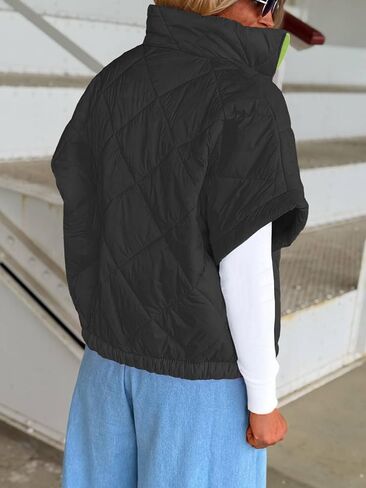 Tankaneo Womens Quilted Puffer Vests Lightweight Cap Sleeve Zip Up Cropped Vests Stand Collar Loose Fit Outerwear in Saudi Arabia