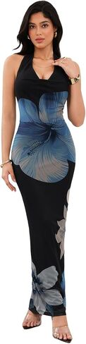 SOLY HUX Women's Floral Print Mesh Halter Bodycon Dress Cowl Neck Tie Backless Maxi Dresses in Saudi Arabia