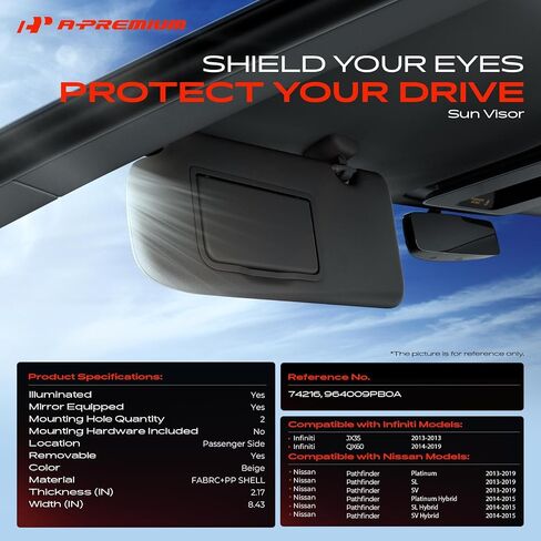 A-Premium Driver Left Side Sun Visor Compatible with Nissan Pathfinder & Infiniti QX60, JX35, 2013-2019 - with Vanity Mirror, with Vanity Light, with Sliding Sun Visor Extension, Beige in Saudi Arabia