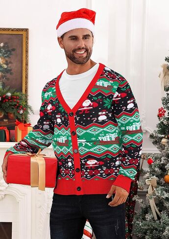 Goodstoworld Men's 2024 Ugly Christmas Cardigan Cozy Pullover Sweater V Neck Buttons Soft Knitwear in Saudi Arabia