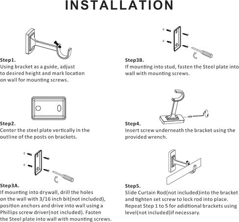 3 Pieces Heavy Duty Adjustable Curtain Rod Brackets, Hardware Curtain Rod Holders, Brushed Nickel Curtain Rod Hooks for Wall in Saudi Arabia