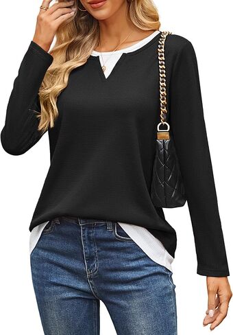 GRACE KARIN Women's Long Sleeve Waffle Knit Shirts Casual Crew Neck Color Block Tops 2025 Fall Basic Tee Blouse in Saudi Arabia