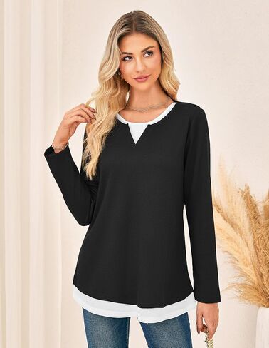 GRACE KARIN Women's Long Sleeve Waffle Knit Shirts Casual Crew Neck Color Block Tops 2025 Fall Basic Tee Blouse in Saudi Arabia