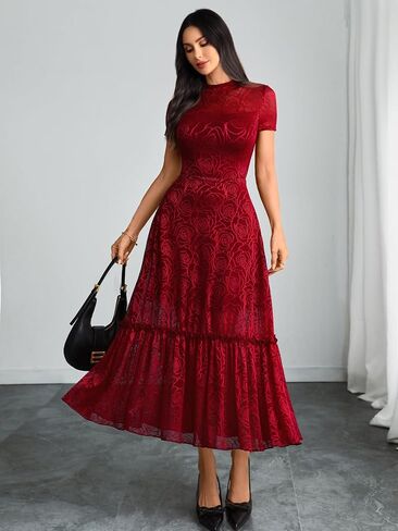 GothDark Womens Elegant Vintage Floral Lace Dress Short Sleeve Double Layer Gothic Midi Wedding Guest Casual Dress in Kuwait