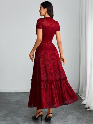 GothDark Womens Elegant Vintage Floral Lace Dress Short Sleeve Double Layer Gothic Midi Wedding Guest Casual Dress in Kuwait