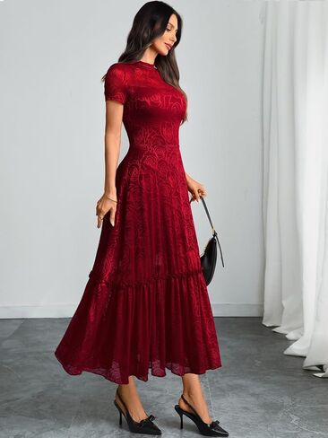 GothDark Womens Elegant Vintage Floral Lace Dress Short Sleeve Double Layer Gothic Midi Wedding Guest Casual Dress in Kuwait