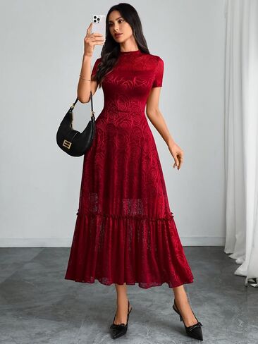 GothDark Womens Elegant Vintage Floral Lace Dress Short Sleeve Double Layer Gothic Midi Wedding Guest Casual Dress in Kuwait