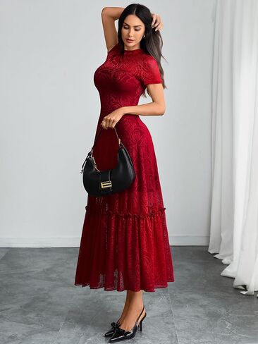 GothDark Womens Elegant Vintage Floral Lace Dress Short Sleeve Double Layer Gothic Midi Wedding Guest Casual Dress in Kuwait