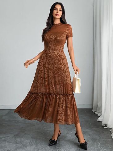 GothDark Womens Elegant Vintage Floral Lace Dress Short Sleeve Double Layer Gothic Midi Wedding Guest Casual Dress in Kuwait