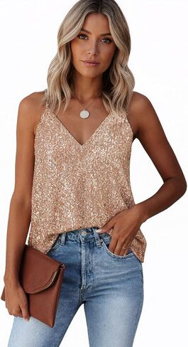 EUDOLAH Sequin Tops for Women Sparkle Camisole Shimmer Sleeveless V Neck Tanks Sexy Party Cami Going Out Outfits in Saudi Arabia