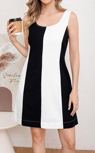 CHARTOU Women Summer Sleeveless Linen Dress Color Block Short Beach Vacation Tank Dress in Saudi Arabia