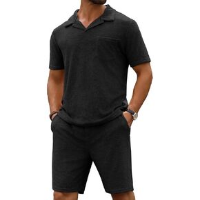 URRU Men's Polo Shirt and Shorts Set Summer Outfits Beach Terry Casual Short Sleeve 2 Piece Shorts Set for Men Coffee L in Kuwait