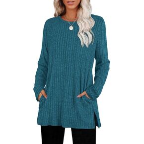 SAMPEEL Womens Sweaters Crewneck Long Sleeve Shirts with Pockets Fall Outfits 2025 Fashion Winter Clothing Side Slit in Kuwait
