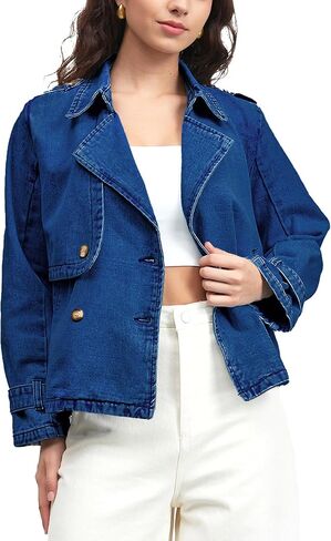 Denim Jacket for Women Lapel Double Breasted Oversized Jean Jacket Fall Casual Trendy Trench Coat with Pockets in Saudi Arabia