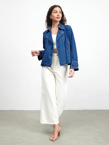 Denim Jacket for Women Lapel Double Breasted Oversized Jean Jacket Fall Casual Trendy Trench Coat with Pockets in Saudi Arabia
