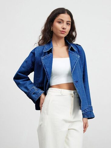 Denim Jacket for Women Lapel Double Breasted Oversized Jean Jacket Fall Casual Trendy Trench Coat with Pockets in Saudi Arabia
