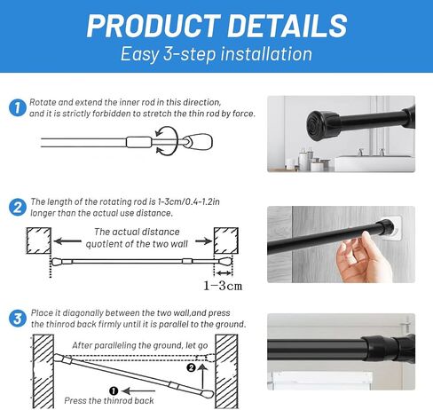 Adjustable Telescopic Tension Rod - High-Carbon Steel, 40-70cm, Black, Easy Installation for Bathroom Curtains & Home Organization in Saudi Arabia