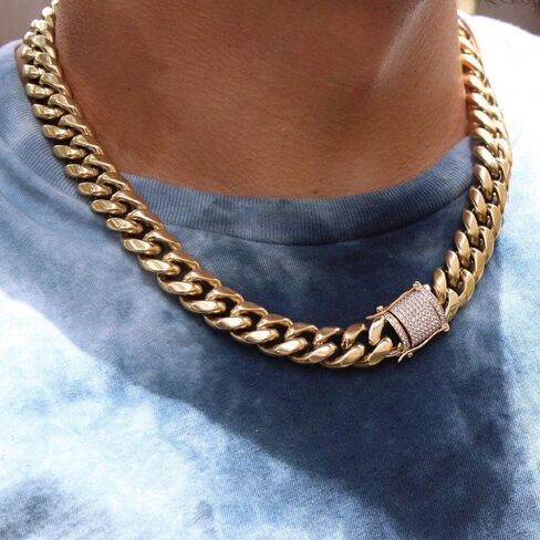 GOLD IDEA JEWELRY14k Gold Plated Stainless Steel Thick Miami Cuban Link Chain with Lab Diamond Clasp Men's Hip Hop Necklace or Bracelet (14k-gold-plated(16mm wide), 24) in Kuwait