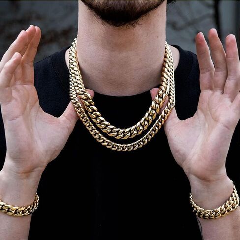 GOLD IDEA JEWELRY14k Gold Plated Stainless Steel Thick Miami Cuban Link Chain with Lab Diamond Clasp Men's Hip Hop Necklace or Bracelet (14k-gold-plated(16mm wide), 24) in Kuwait