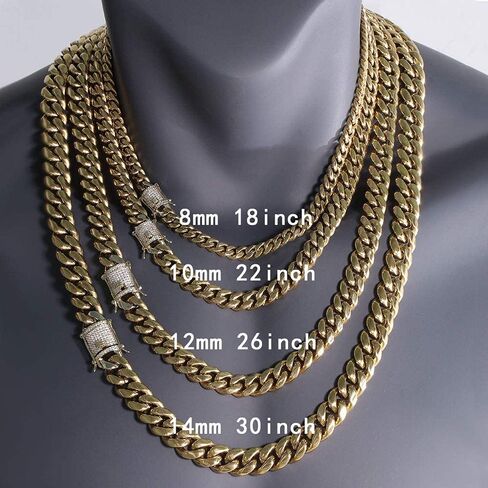 GOLD IDEA JEWELRY14k Gold Plated Stainless Steel Thick Miami Cuban Link Chain with Lab Diamond Clasp Men's Hip Hop Necklace or Bracelet (14k-gold-plated(16mm wide), 24) in Kuwait