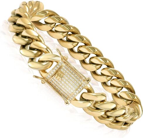 GOLD IDEA JEWELRY14k Gold Plated Stainless Steel Thick Miami Cuban Link Chain with Lab Diamond Clasp Men's Hip Hop Necklace or Bracelet (14k-gold-plated(16mm wide), 24) in Kuwait