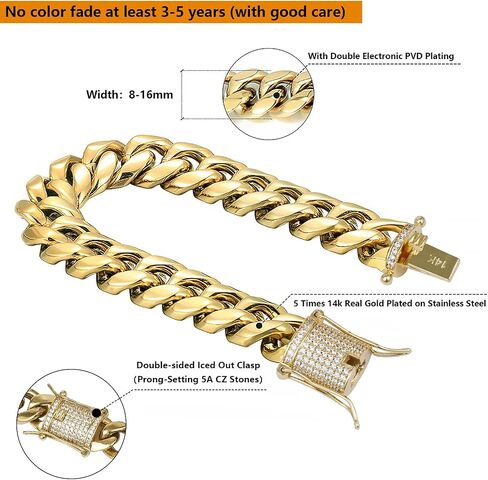 GOLD IDEA JEWELRY14k Gold Plated Stainless Steel Thick Miami Cuban Link Chain with Lab Diamond Clasp Men's Hip Hop Necklace or Bracelet (14k-gold-plated(16mm wide), 24) in Kuwait