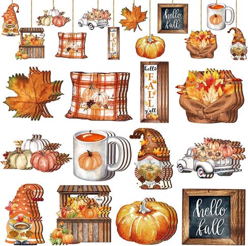 36 Pcs Fall Thanksgiving Tree Ornaments Fall Wooden Hangings Decorations Pumpkin Gnome Maple Leaf Decorative Hanging Ornaments Autumn Harvest Party Favor Gift Tag for Holiday(Fresh Style) in Saudi Arabia