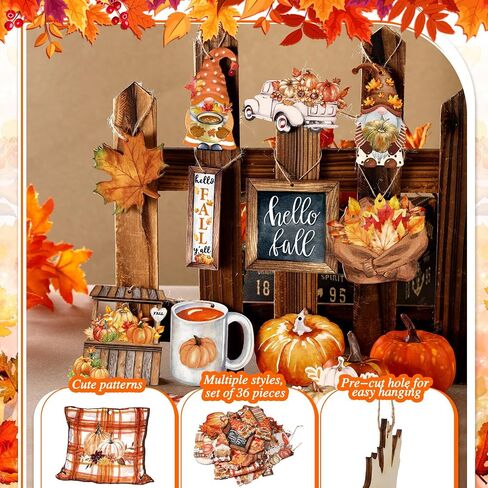 36 Pcs Fall Thanksgiving Tree Ornaments Fall Wooden Hangings Decorations Pumpkin Gnome Maple Leaf Decorative Hanging Ornaments Autumn Harvest Party Favor Gift Tag for Holiday(Fresh Style) in Saudi Arabia