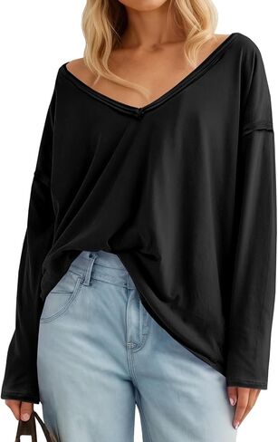 Tankaneo Womens Oversized Long Sleeve Shirts Deep V Neck Fall Tops Casual Loose Fit Tunic Basic Tees in Saudi Arabia
