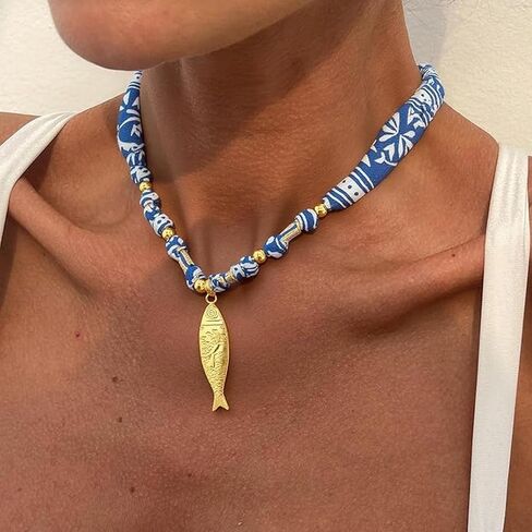 Scarf Necklace with Charm Gold Starfish Chunky Cross Heart Flower Pendants Bandana Charm Necklace Leopard Choker Necklaces for Women Boho Beach Jewelry Gift for Women in Saudi Arabia