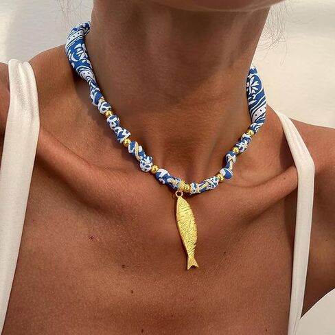 Scarf Necklace with Charm Gold Starfish Chunky Cross Heart Flower Pendants Bandana Charm Necklace Leopard Choker Necklaces for Women Boho Beach Jewelry Gift for Women in Saudi Arabia