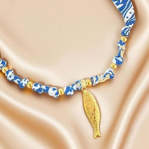 Scarf Necklace with Charm Gold Starfish Chunky Cross Heart Flower Pendants Bandana Charm Necklace Leopard Choker Necklaces for Women Boho Beach Jewelry Gift for Women in Saudi Arabia