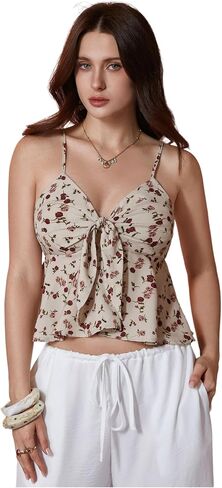 Floerns Women's Floral Print Ruffle Hem Camisole Tie Front Shirred Holiday Cami Top in Saudi Arabia