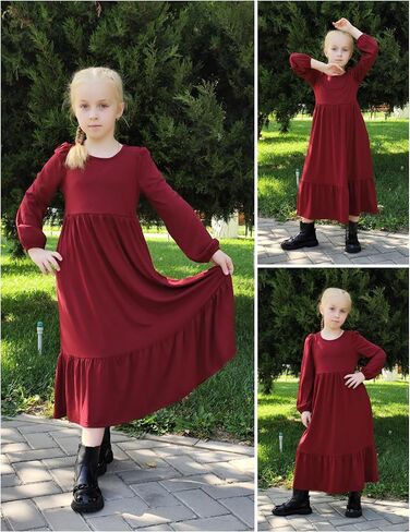Arshiner Girls Maxi Dresses Lantern Long Sleeve Casual Holiday Dress with Pockets for 5-14 Y in Saudi Arabia