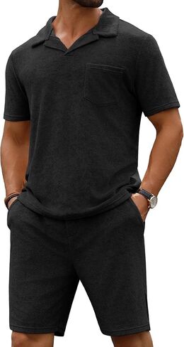 URRU Men's Polo Shirt and Shorts Set Summer Outfits Beach Terry Casual Short Sleeve 2 Piece Shorts Set for Men Coffee L in Kuwait