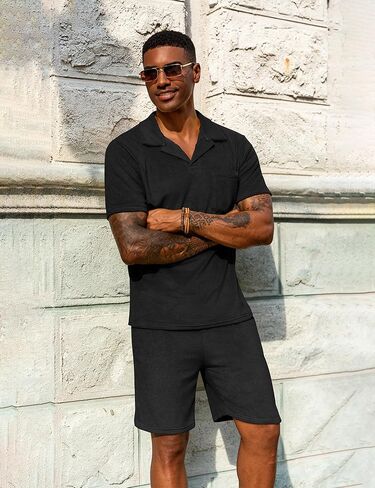 URRU Men's Polo Shirt and Shorts Set Summer Outfits Beach Terry Casual Short Sleeve 2 Piece Shorts Set for Men Coffee L in Kuwait