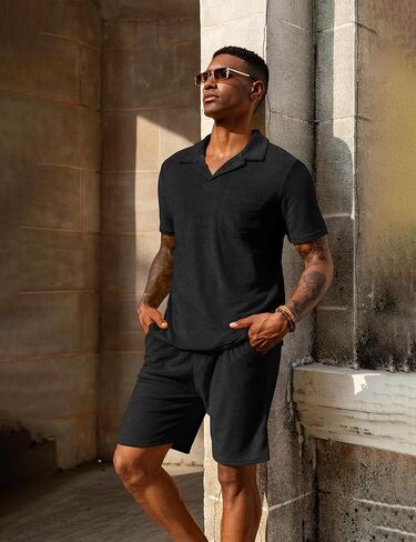 URRU Men's Polo Shirt and Shorts Set Summer Outfits Beach Terry Casual Short Sleeve 2 Piece Shorts Set for Men Coffee L in Kuwait