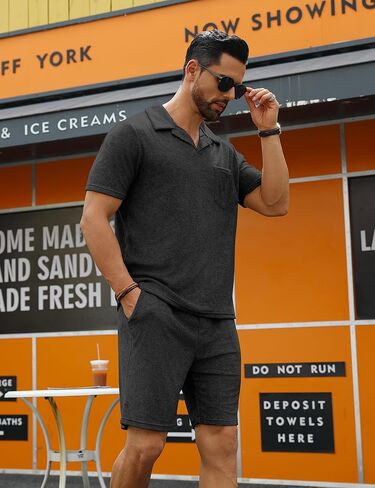 URRU Men's Polo Shirt and Shorts Set Summer Outfits Beach Terry Casual Short Sleeve 2 Piece Shorts Set for Men Coffee L in Kuwait