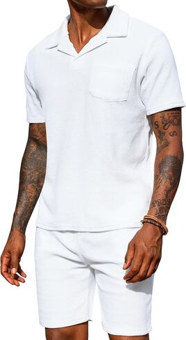URRU Men's Polo Shirt and Shorts Set Summer Outfits Beach Terry Casual Short Sleeve 2 Piece Shorts Set for Men Coffee L in Saudi Arabia