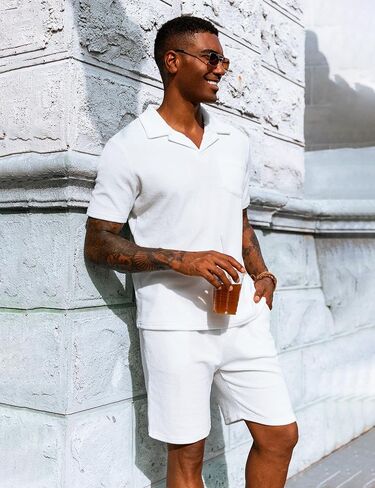 URRU Men's Polo Shirt and Shorts Set Summer Outfits Beach Terry Casual Short Sleeve 2 Piece Shorts Set for Men Coffee L in Saudi Arabia