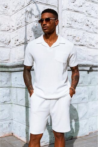 URRU Men's Polo Shirt and Shorts Set Summer Outfits Beach Terry Casual Short Sleeve 2 Piece Shorts Set for Men Coffee L in Saudi Arabia