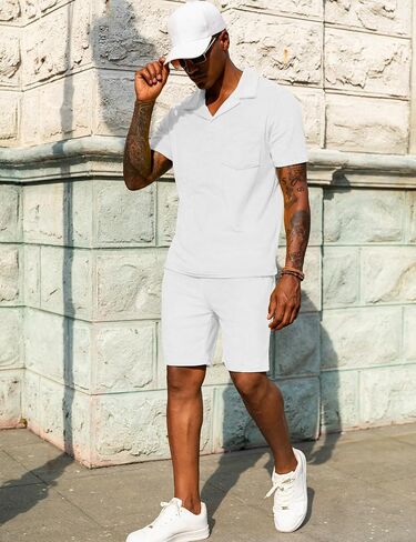 URRU Men's Polo Shirt and Shorts Set Summer Outfits Beach Terry Casual Short Sleeve 2 Piece Shorts Set for Men Coffee L in Saudi Arabia